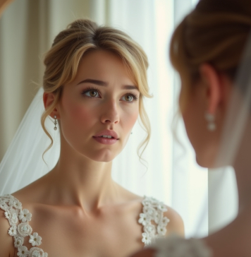 Jeune mariée aux cheveux courts examine sa coiffure dans un miroir lumineux