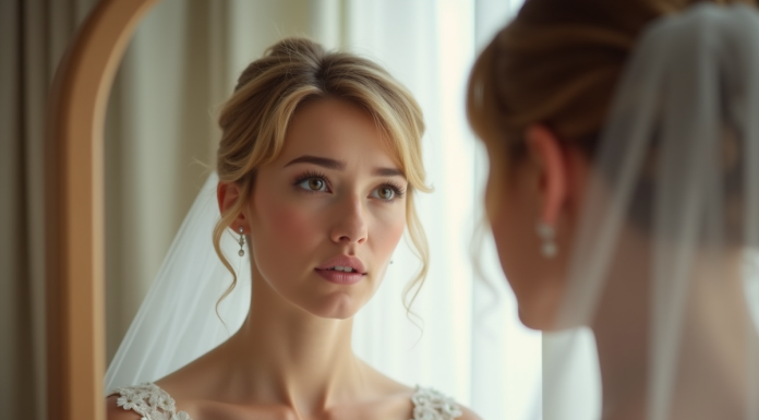 Jeune mariée aux cheveux courts examine sa coiffure dans un miroir lumineux
