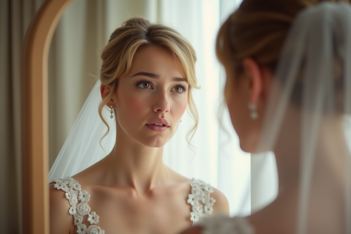 Jeune mariée aux cheveux courts examine sa coiffure dans un miroir lumineux