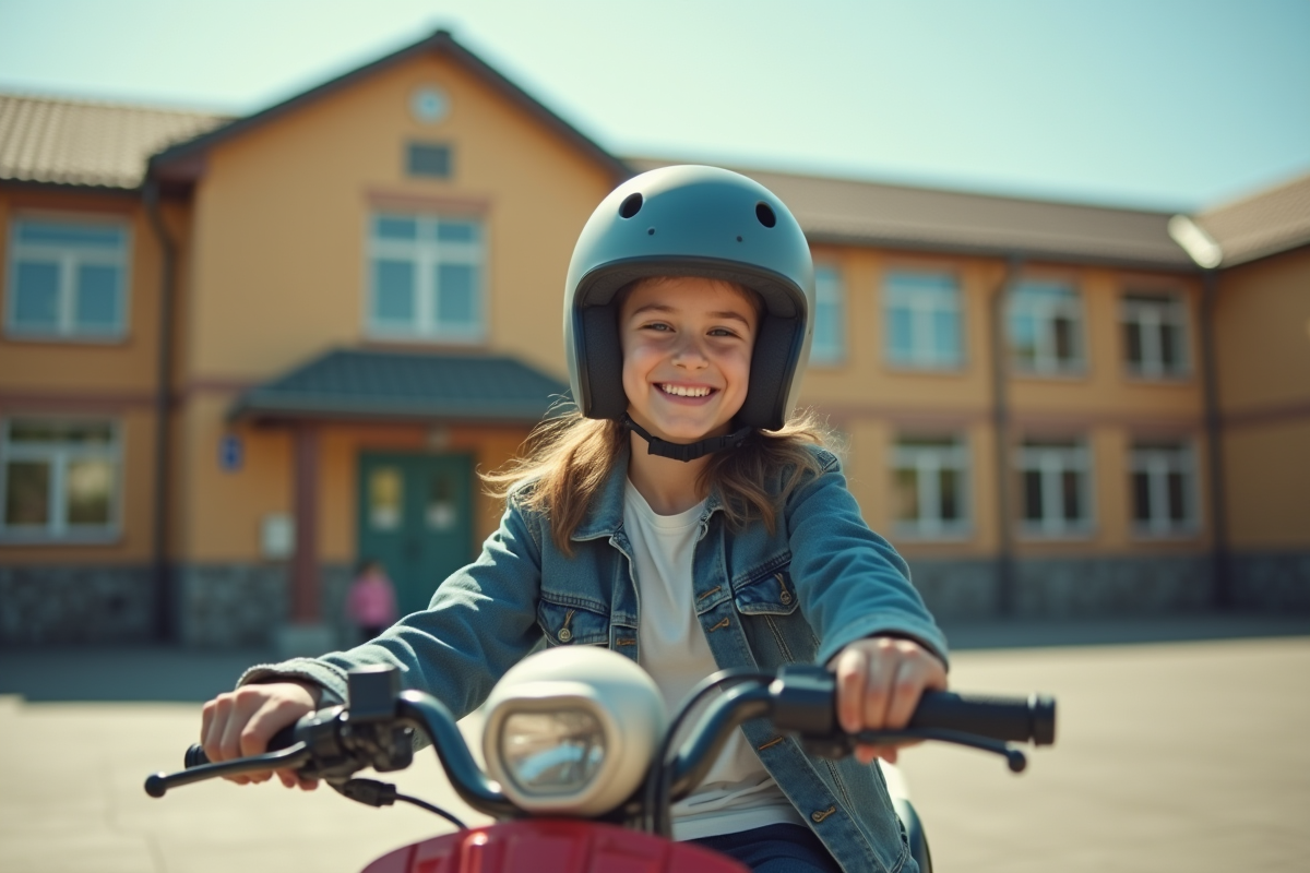 Jeune portant un casque assis sur un moped devant une école ensoleillée