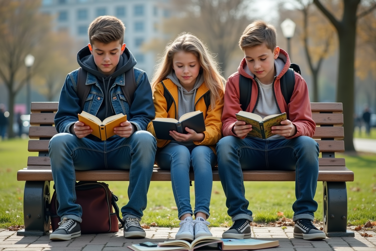 Trois adolescents lisant dans un parc urbain