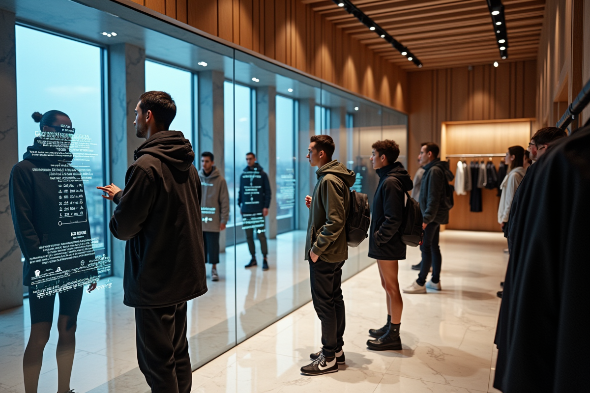 Groupe de jeunes explorant miroir digital en boutique mode