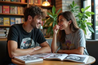 Jeunessse discutant manga dans un café librairie