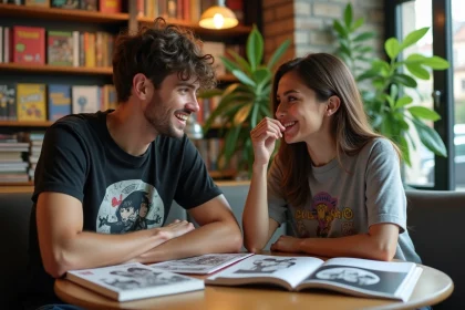 Jeunessse discutant manga dans un caf&eacute; librairie