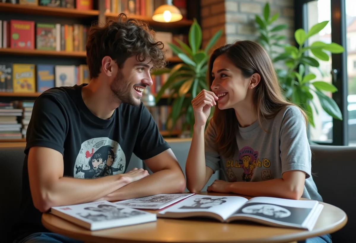 Jeunessse discutant manga dans un café librairie