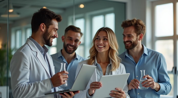 Groupe de jeunes professionnels dans un bureau lumineux avec objets liés aux carrières L