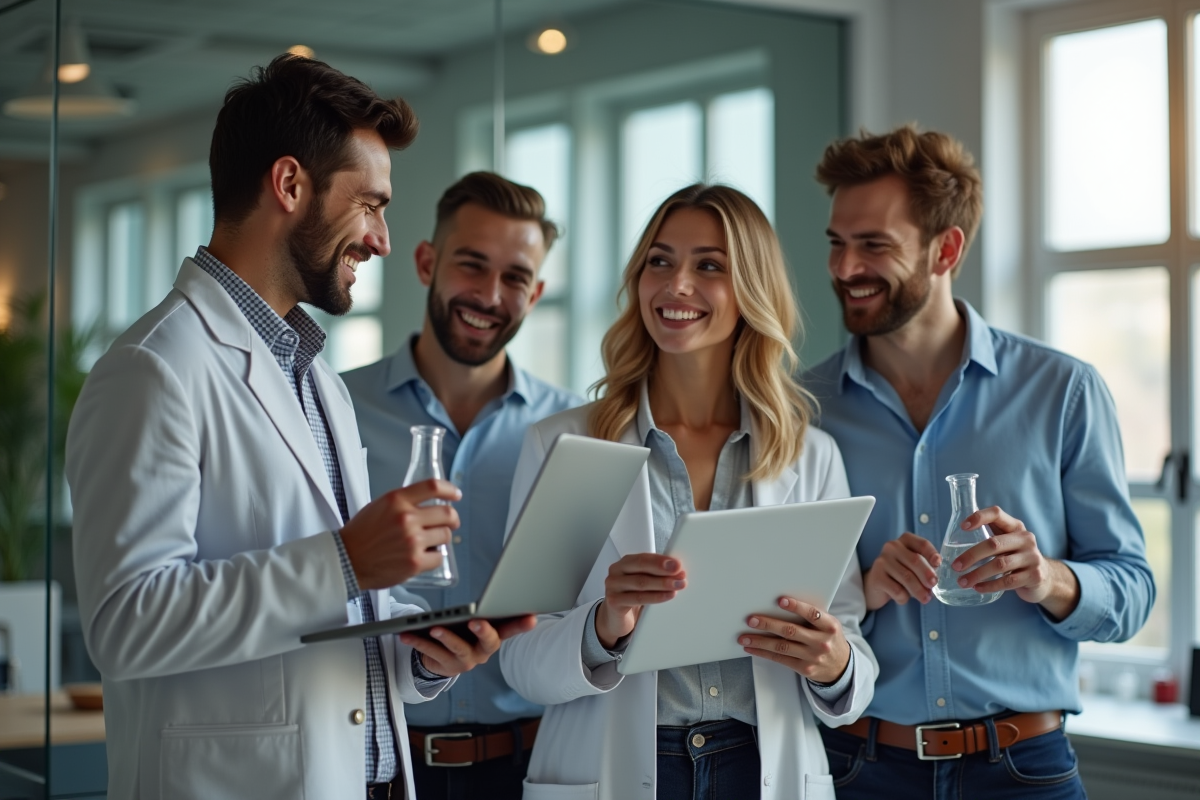 Groupe de jeunes professionnels dans un bureau lumineux avec objets liés aux carrières L