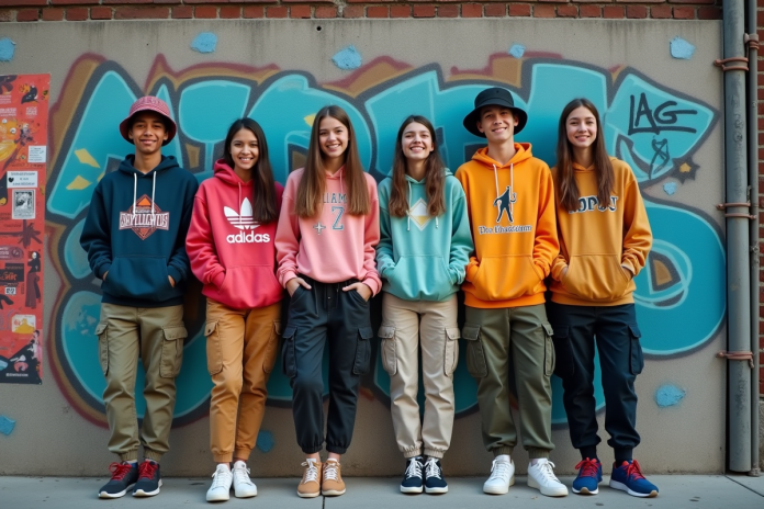 Groupe d'adolescents en streetwear dans la ville