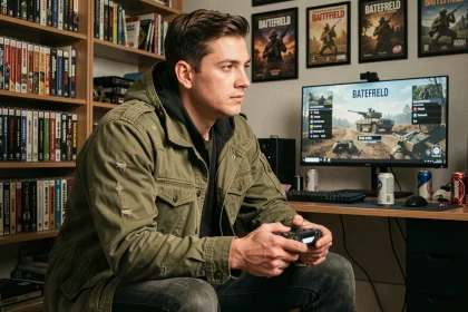 Joueur nostalgique tenant une manette dans une salle de jeu décorée de posters Battlefield, exprimant une réflexion sur la nouvelle date de sortie de BF6