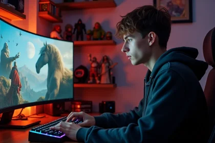 Joueur solo concentré devant un écran de jeu vidéo fantasy dans un bureau à domicile
