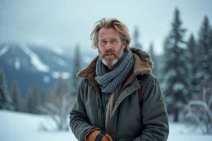 Portrait d'un montagnard barbu en tenue hivernale dans un paysage nordique enneigé, illustrant le personnage de Kristoff dans La Reine des Neiges