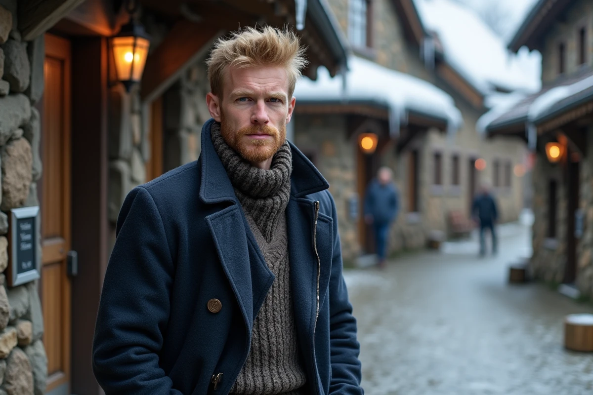 Homme barbu en veste de laine nordique devant un village scandinave enneigé, symbolisant la transformation et la maturité du personnage Kristoff dans La Reine des Neiges 2