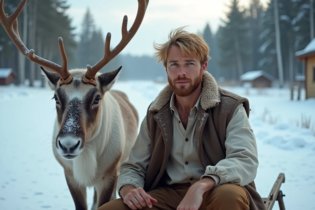 Homme blond en tenue rustique assis sur un traineau avec un renne dans un fjord scandinave enneigé, évoquant l'évolution du personnage Kristoff entre Frozen 1 et 2