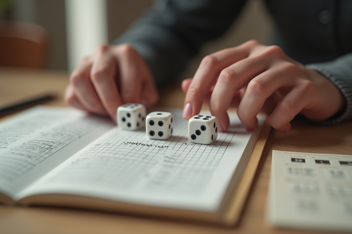 Mains lançant des dés blancs sur une table avec règle et carnet