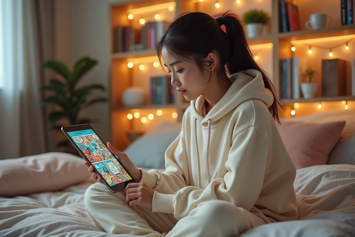 Jeune femme lisant des mangas et webtoons sur une tablette dans une chambre décorée d'étagères remplies de volumes manga