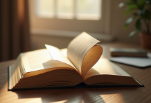 Livre ouvert formant la lettre F sur un bureau en bois