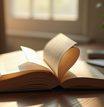 Livre ouvert formant la lettre F sur un bureau en bois
