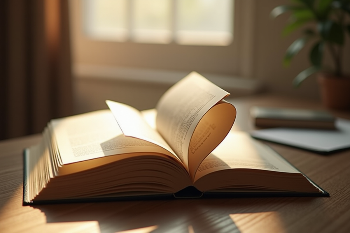 Livre ouvert formant la lettre F sur un bureau en bois