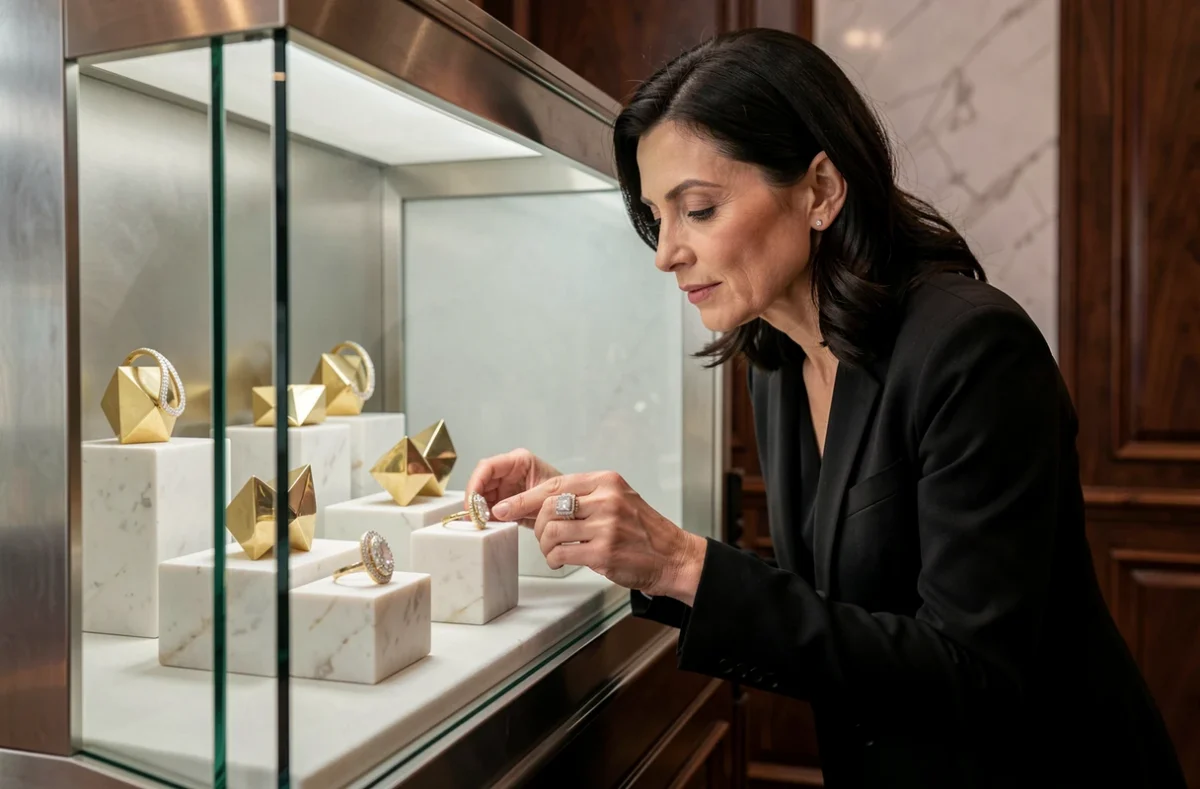 Intérieur de la maison Lorenz Bäumer à Paris, vitrine avec bijoux sculptés en or et diamants, cliente en blazer noir admirant une bague