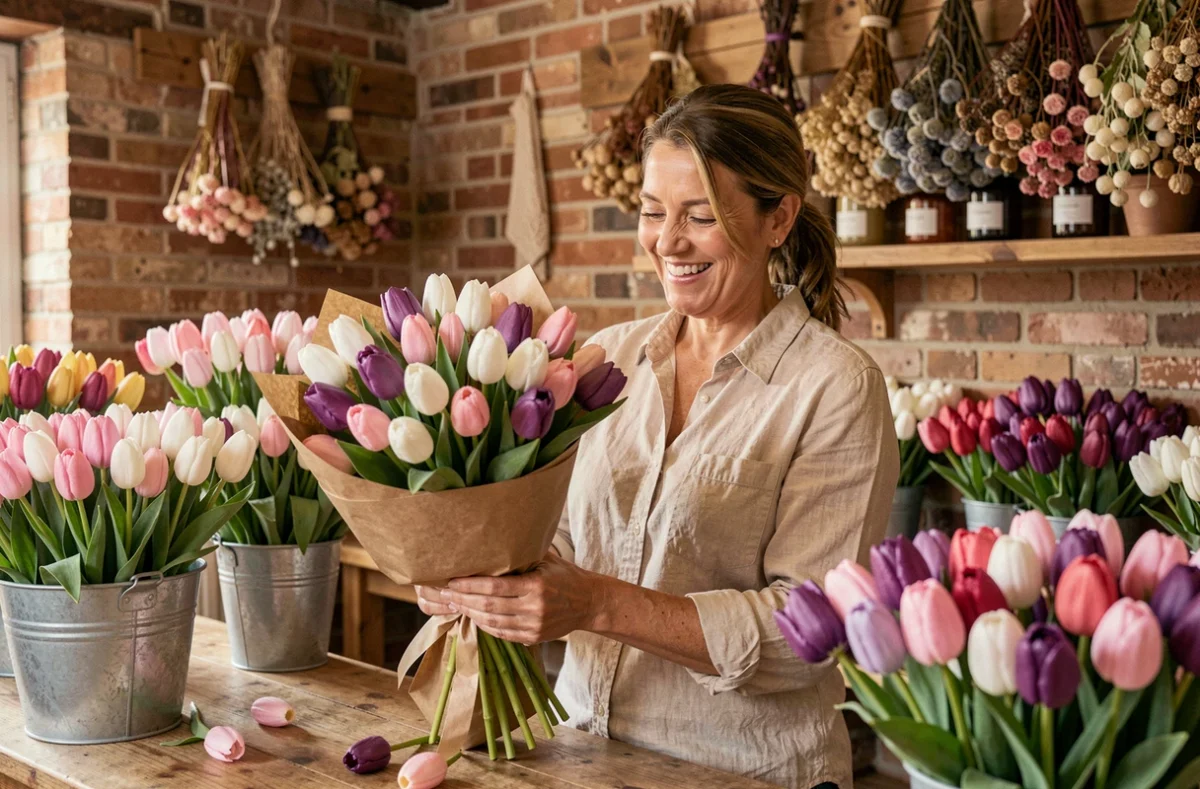 Fleuriste de Madam'Tulipe à Gagnac-sur-Garonne souriant en enveloppant un bouquet de tulipes colorées