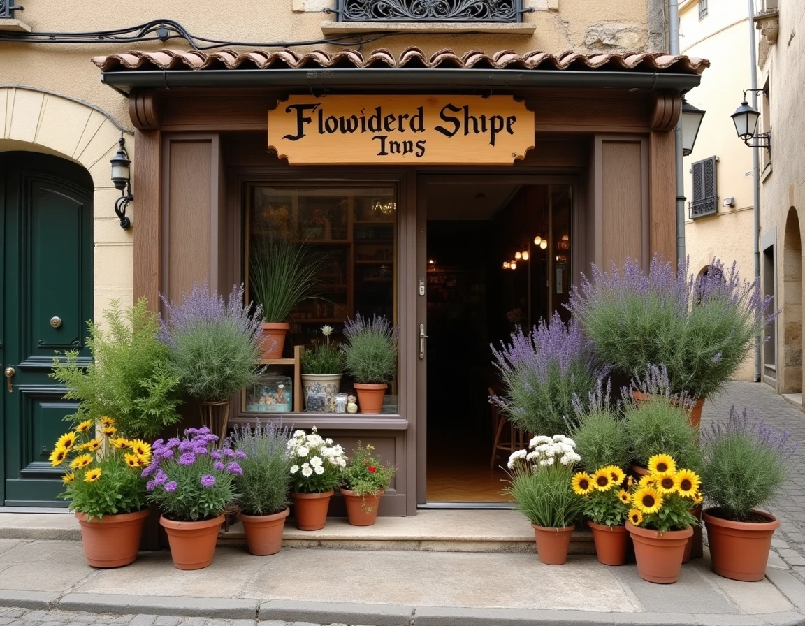 Devanture champêtre du fleuriste Mag Florist à Cadours avec des bouquets de fleurs sauvages et de lavande exposés