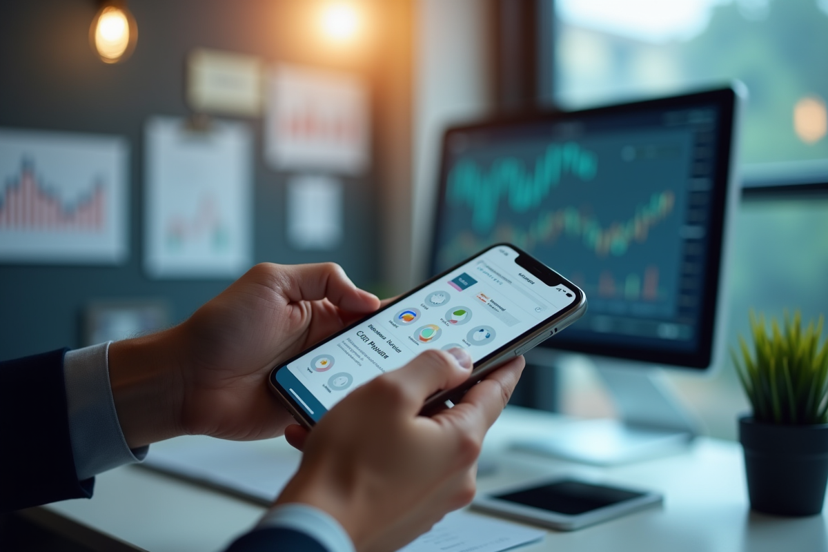 Mains tenant un smartphone avec interface CRM dans un bureau financier