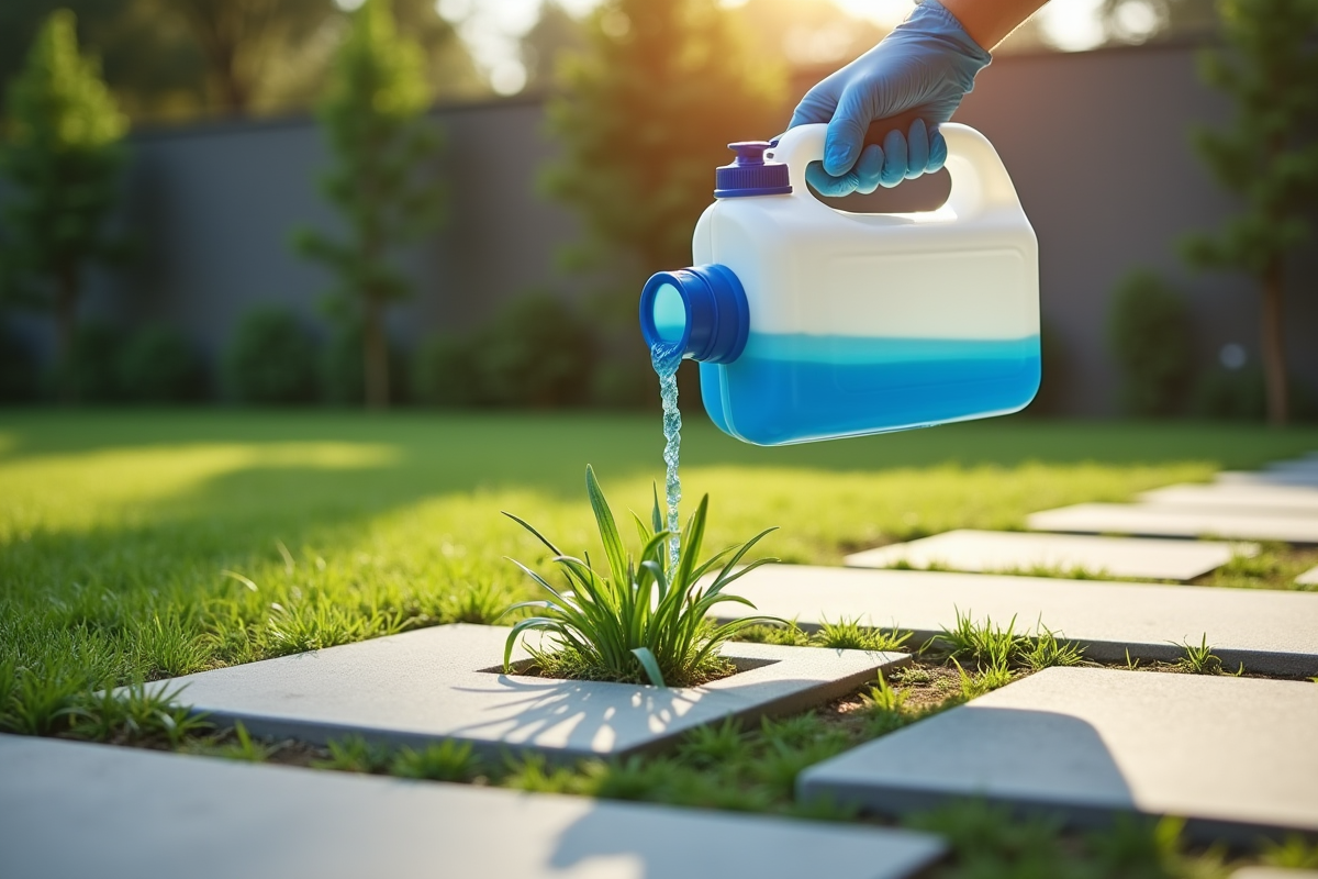 Main gantée versant AdBlue sur des mauvaises herbes entre pavés