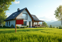 Maison moderne en campagne avec panneau vente et jardin vert