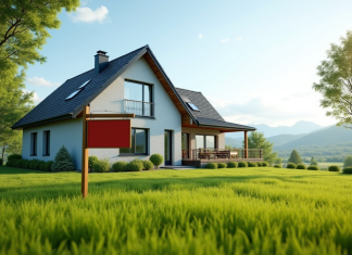 Vendre sa résidence secondaire : délai optimal et plus-value ? Maison moderne en campagne avec panneau vente et jardin vert