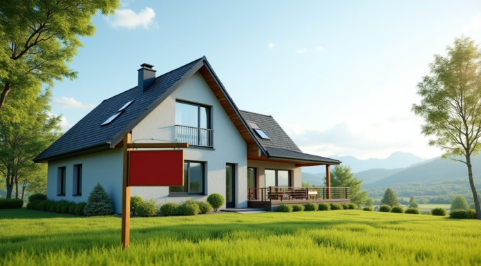 Maison moderne en campagne avec panneau vente et jardin vert