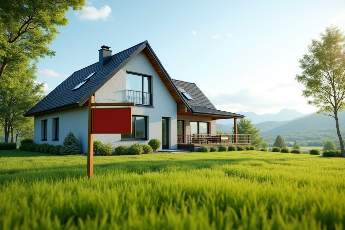 Maison moderne en campagne avec panneau vente et jardin vert