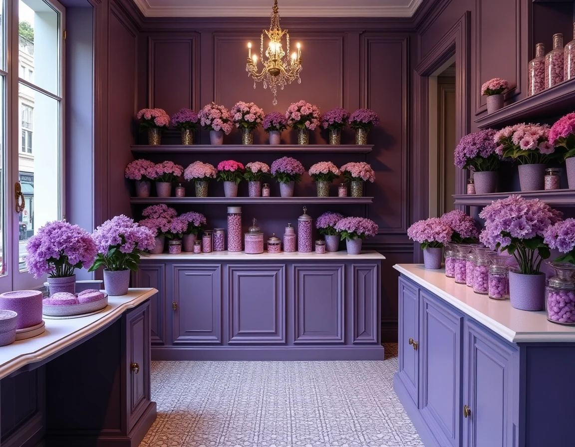 Intérieur de La Maison de la Violette à Toulouse avec des plantes de violettes et des produits dérivés exposés dans une boutique de caractère