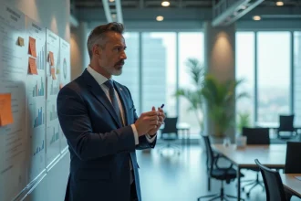 Manager en costume dans un bureau moderne avec tableau blanc