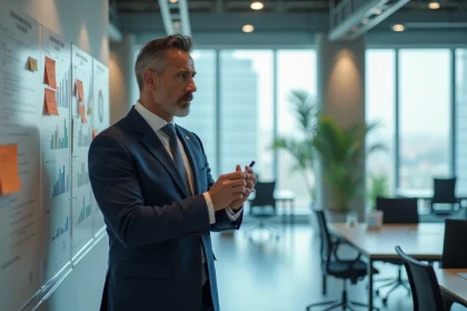 Manager en costume dans un bureau moderne avec tableau blanc