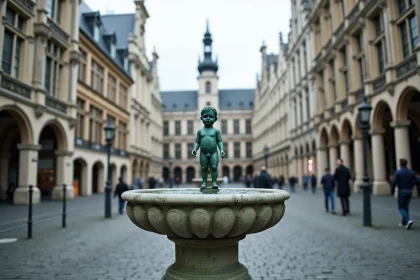 Statue du Manneken Pis vue en contre-plongée avec les bâtiments historiques de Bruxelles en arrière-plan
