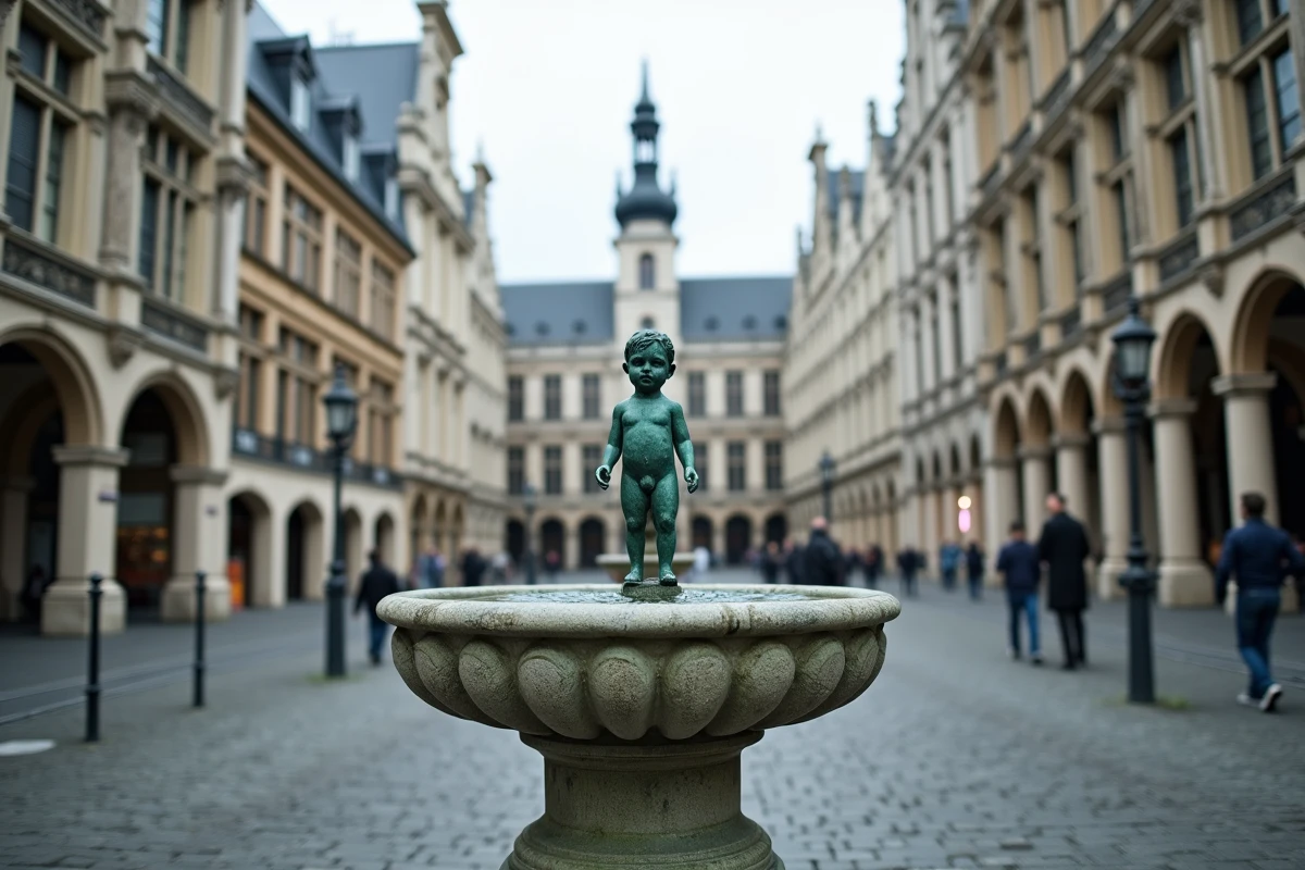 Statue du Manneken Pis vue en contre-plongée avec les bâtiments historiques de Bruxelles en arrière-plan