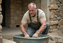 Maçon middleaged mélangeant chaux et sable à l'extérieur