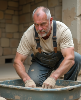 Maçon middleaged mélangeant chaux et sable à l'extérieur