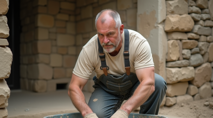 Maçon middleaged mélangeant chaux et sable à l'extérieur