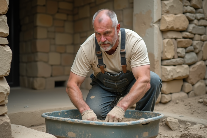 maonnerie-extrieur-pierre-farmhouse Maçon middleaged mélangeant chaux et sable à l'extérieur