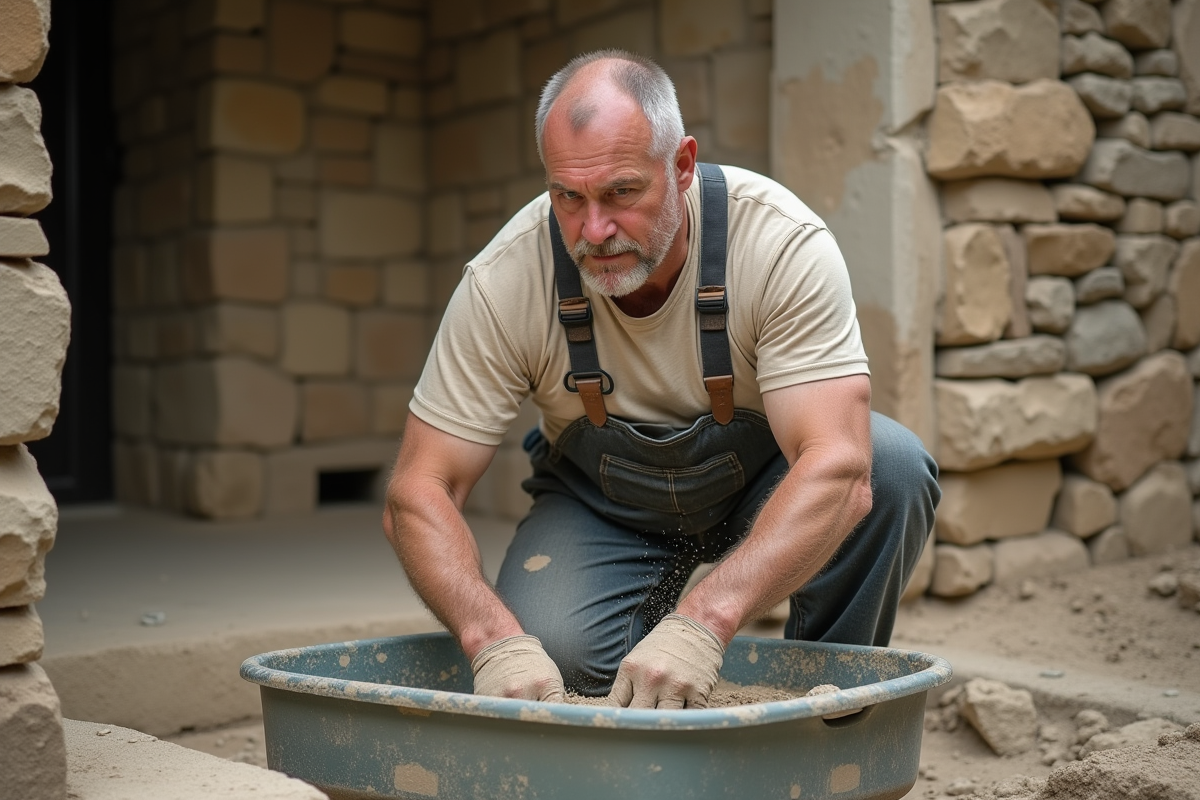 Maçon middleaged mélangeant chaux et sable à l'extérieur