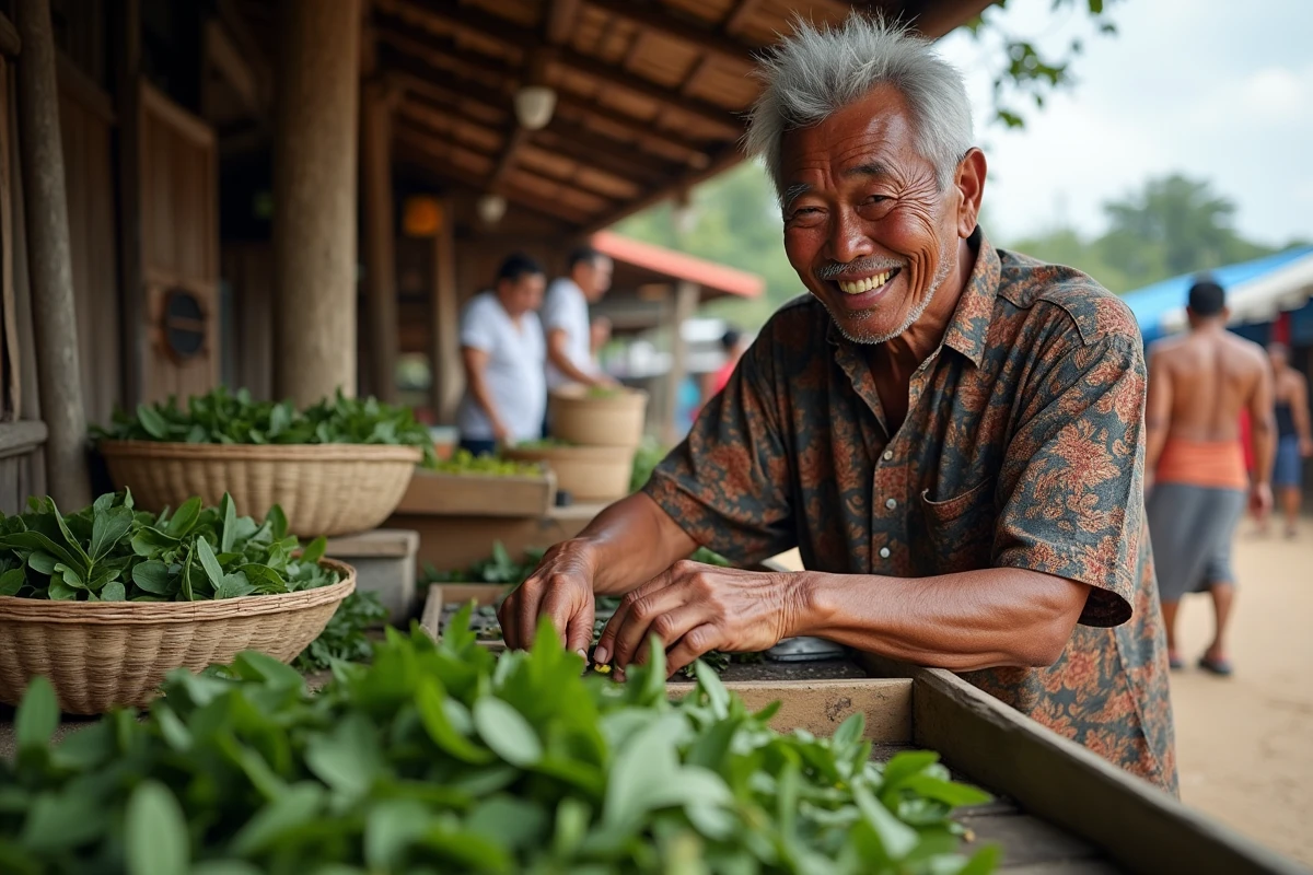 Marchand kanak arrangeant des feuilles de patchouli au marché
