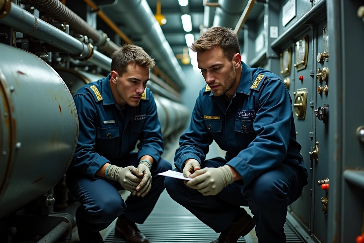 Deux marins de la Marine nationale en combinaison de travail effectuant la maintenance d'un moteur dans la salle des machines d'un navire
