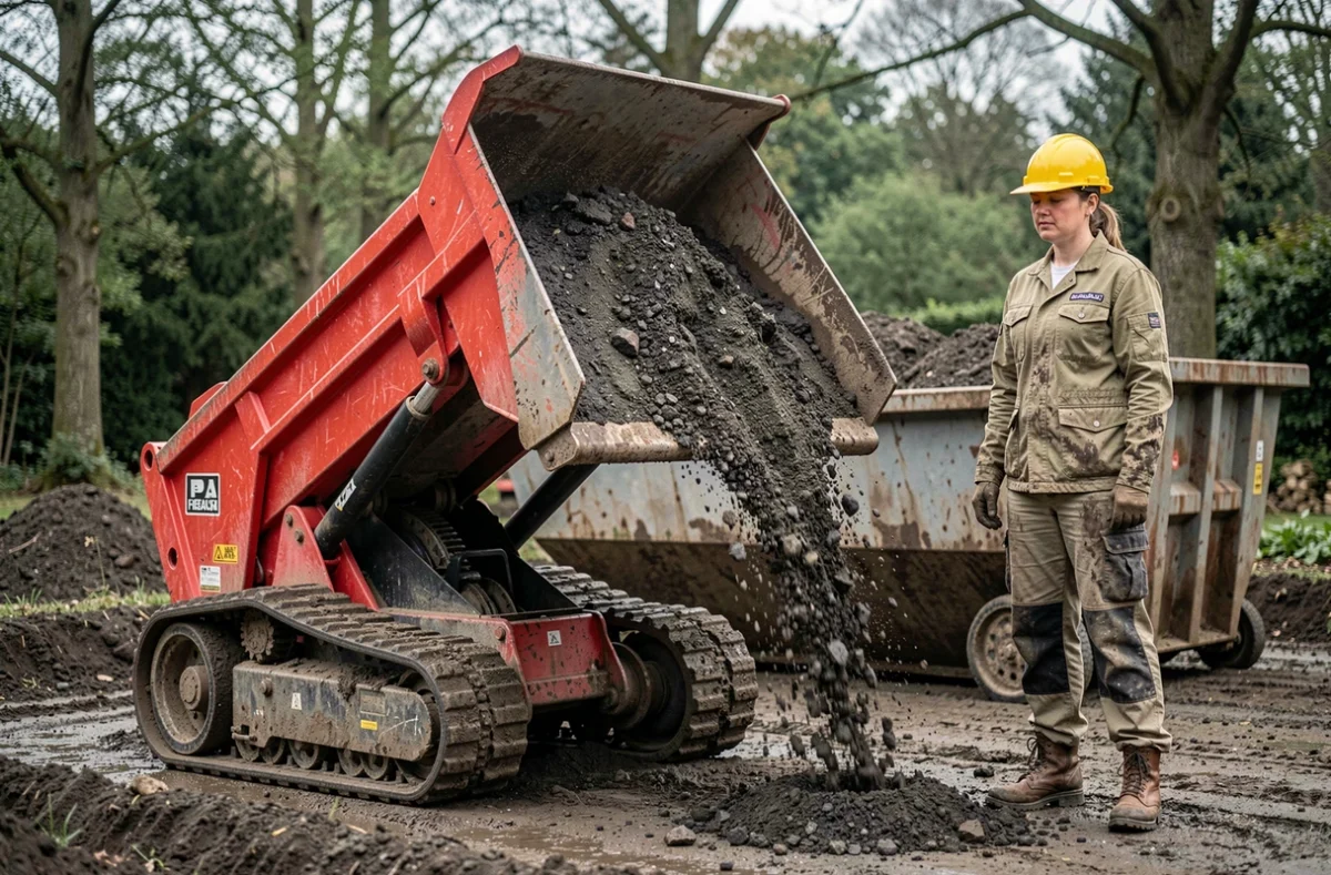 Mini dumper à chenilles rouge en train de déverser de la terre dans une benne sur un chantier de jardinage