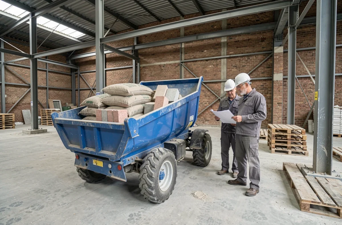 Mini dumper bleu chargé de sacs de sable et de parpaings à l'intérieur d'un entrepôt commercial en construction