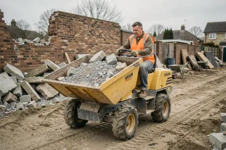 Mini dumper jaune chargé de gravats sur un chantier résidentiel, conduit par un ouvrier en gilet de sécurité orange