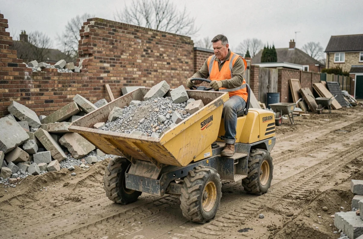 Mini dumper jaune chargé de gravats sur un chantier résidentiel, conduit par un ouvrier en gilet de sécurité orange