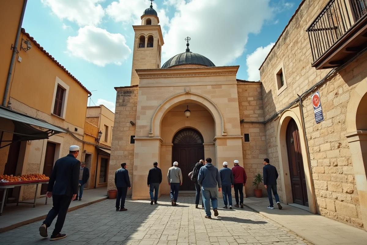 Mosquée de quartier à Marseille avec fidèles se rendant à la prière du vendredi