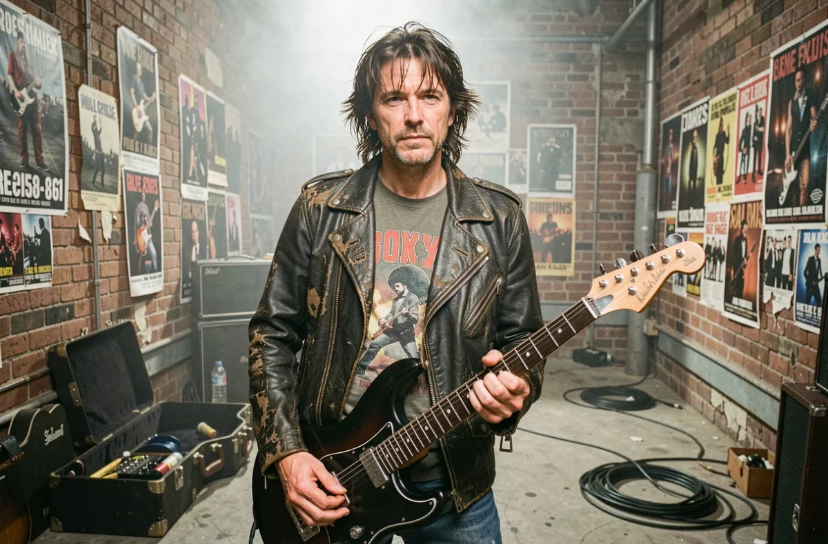 Musicien rock français des années 80 en backstage avec guitare électrique et veste en cuir