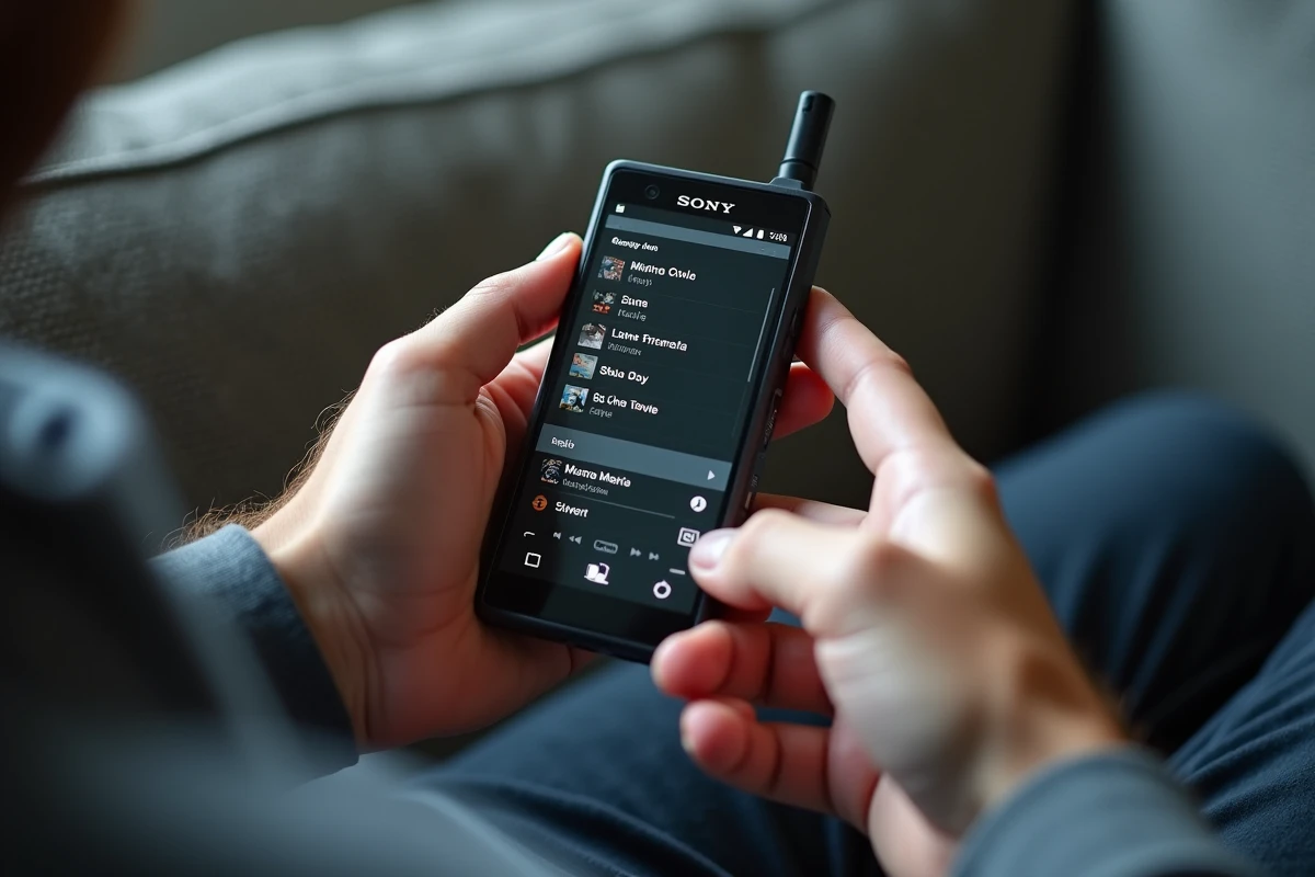 Mains d'un homme naviguant dans une liste de lecture sur un ancien Sony Ericsson transformé en lecteur MP3 dédié